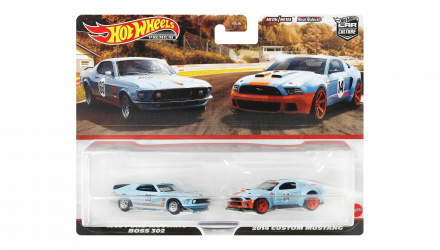 Машинка Premium Hot Wheels 2шт 1969 Ford Mustang Boss 302 / 2014 Custom Mustang Gulf 2-Packs 1:64 HKF58 Blue - Retromagaz, image 1