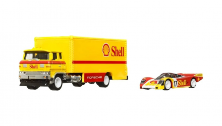 Машинка Premium Hot Wheels Porsche 962 та Транспортер Sakura Sprinter Shell Team Transport 1:64 FLF56/HCR34 Yellow 2шт - Retromagaz, image 2