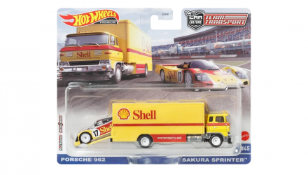 Машинка Premium Hot Wheels Porsche 962 та Транспортер Sakura Sprinter Shell Team Transport 1:64 FLF56/HCR34 Yellow 2шт - Retromagaz, image 1