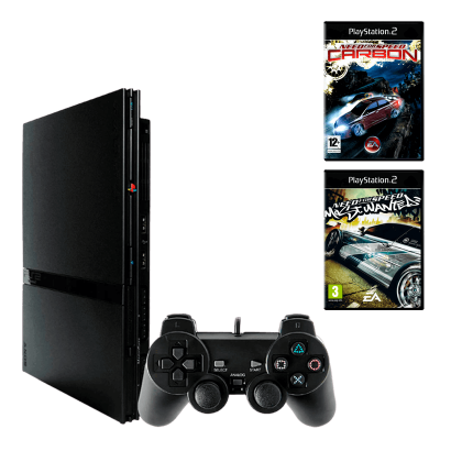 Набор Консоль Sony PlayStation 2 Slim SCPH-7xxx Chip Black Б/У + Игра RMC Need for Speed: Most Wanted Русские Субтитры Новый + Need for Speed Carbon - Retromagaz