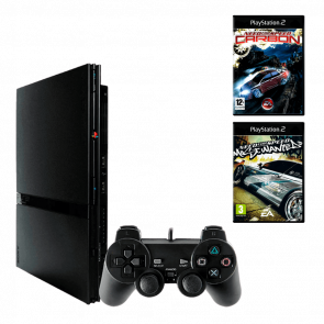 Набор Консоль Sony PlayStation 2 Slim SCPH-7xxx Chip Black Б/У + Игра RMC Need for Speed: Most Wanted Русские Субтитры Новый + Need for Speed Carbon