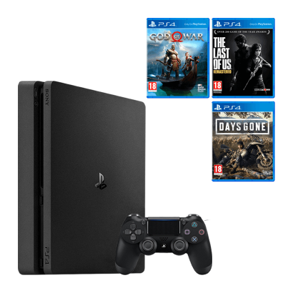 Набор Консоль Sony PlayStation 4 Slim 1TB Black Б/У  + Игра The Last of Us Remastered Русская Озвучка + Days Gone + God of War - Retromagaz