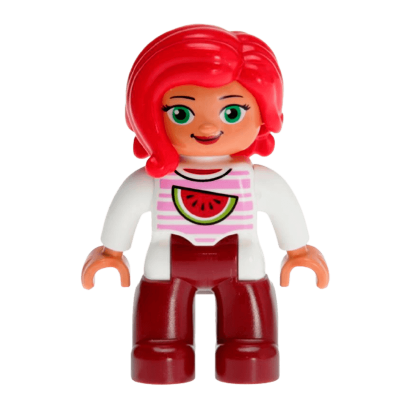 Фігурка Lego Girl Dark Red Legs White Top with Bright Pink Stripes and Watermelon Pattern Green Eyes Red Hair Duplo 47394pb226 1 Б/У - Retromagaz