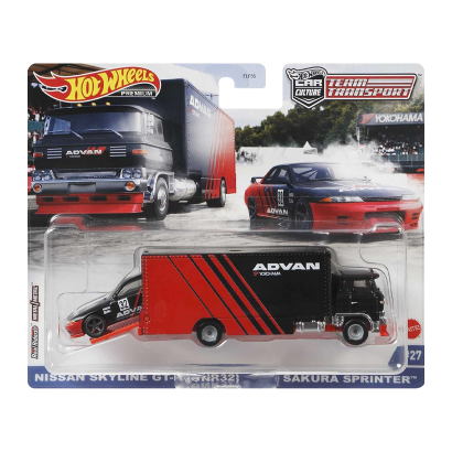 Машинка Premium Hot Wheels Nissan Skyline GT-R (BNR32) и Транспортер Sakura Sprinter Advan Team Transport 1:64 GRK55 Red 2шт - Retromagaz