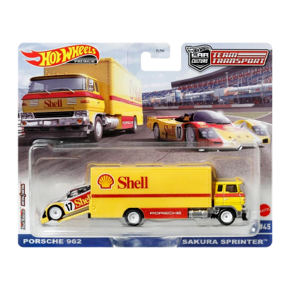 Машинка Premium Hot Wheels Porsche 962 та Транспортер Sakura Sprinter Shell Team Transport 1:64 FLF56/HCR34 Yellow 2шт - Retromagaz