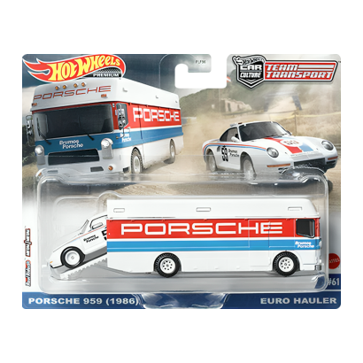 Машинка Premium Hot Wheels Porsche 959 (1986) та Транспортер Euro Hauler Team Transport 1:64 FLF56/HKF47 White 2шт - Retromagaz