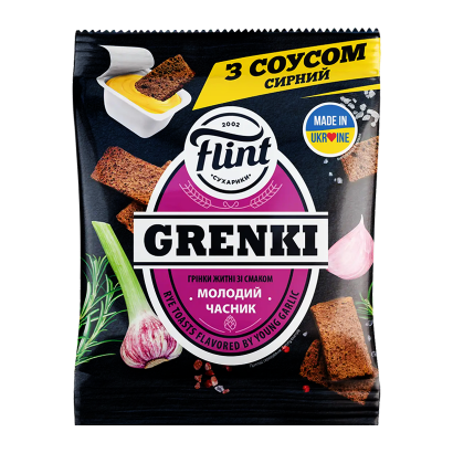 Сухарики Flint Ржаные Гренки со Вкусом Чеснока с Соусом 60g - Retromagaz