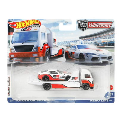 Машинка Premium Hot Wheels '21 Toyota GR Supra та Транспортер Aero Lift Team Transport 1:64 GRK65 White 2шт - Retromagaz