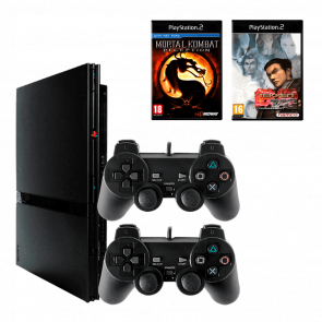 Набор Консоль Sony PlayStation 2 Slim SCPH-7xxx Chip Black Б/У  + Геймпад Проводной RMC Новый + Игра  Mortal Kombat Deception Русская Озвучка + Tekken Tag Tournament Английская Версия