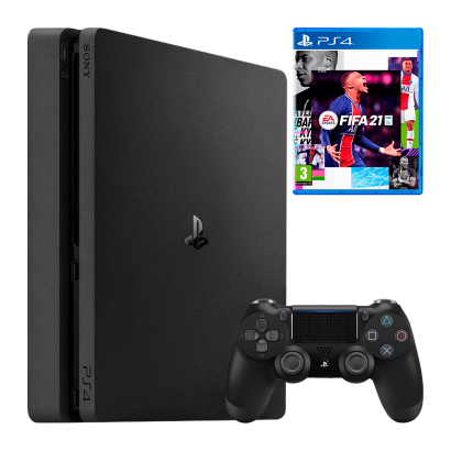 Набор Консоль Sony PlayStation 4 Slim 500GB Black Б/У  + Геймпад Беспроводной DualShock 4 Version 2 + Игра FIFA 21 Русская Озвучка - Retromagaz