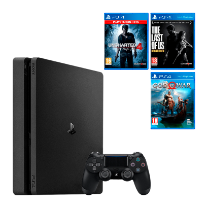 Набор Консоль Sony PlayStation 4 Slim 1TB Black Б/У  + Игра Uncharted 4: A Thief's End Русская Озвучка + The Last of Us Remastered + God of War - Retromagaz