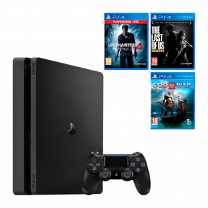 Набор Консоль Sony PlayStation 4 Slim 1TB Black Б/У  + Игра Uncharted 4: A Thief's End Русская Озвучка + The Last of Us Remastered + God of War