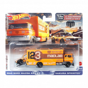 Машинка Premium Hot Wheels Mazda RX3 GT та Транспортер Sakura Sprinter Mad Mike Team Transport 1:64 FLF56/HKF44 Orange 2шт - Retromagaz