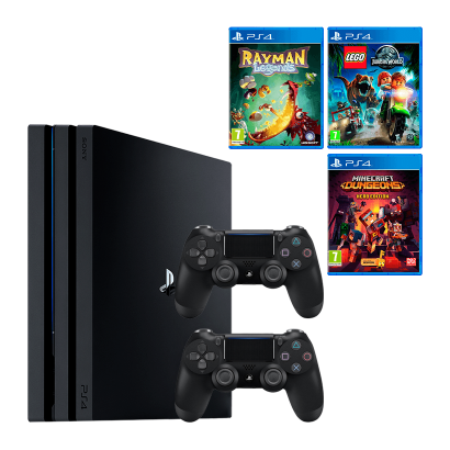 Набір Консоль Sony PlayStation 4 Pro CUH-72xx 1TB Black Б/У + Гра Rayman Legends Російська Озвучка + Гра Lego Jurassic World Російські Субтитри + Геймпад Бездротовий DualShock 4 Version 2 + Гра Minecraft Dungeons Hero Edition Російські Субтитри - Retromagaz