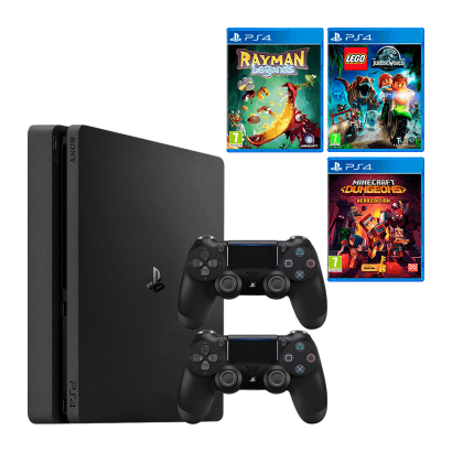 Набор Консоль Sony PlayStation 4 Slim 1TB Black Б/У + Игра Lego Jurassic World Русские Субтитры + Геймпад Беспроводной DualShock 4 Version 2 + Игра Minecraft Dungeons Hero Edition Русские Субтитры + Rayman Legends Русская Озвучка - Retromagaz