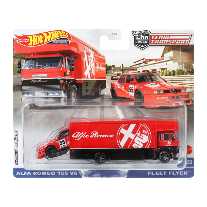 Машинка Premium Hot Wheels 2шт Alfa Romeo 155 V6 TI та Транспортер Fleet Flyer Team Transport 1:64 FLF56/HKF42 Red - Retromagaz