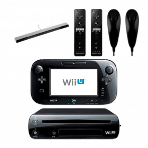 Набір Консоль Nintendo Wii U Модифікована 96GB Black + 10 Вбудованих Ігор Б/У  + Сенсор Руху Дротовий RMC Sensor Bar Silver Новий + Контролер Дротовий  Nunchuk Новий 2шт + Контролер Бездротовий  Remote Plus Новий 2шт - Retromagaz