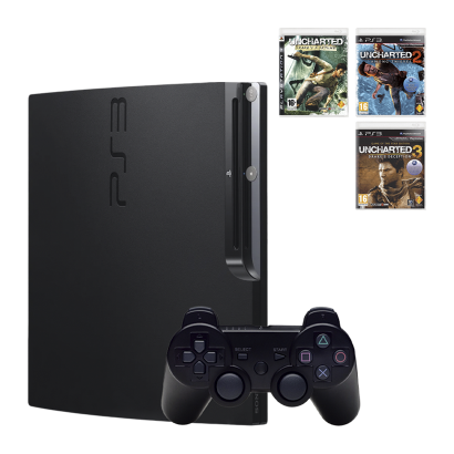 Набор Консоль PlayStation 3 Slim 120GB Black Б/У + Сборник Игр Uncharted (Drake's Fortune + Among Thieves + Drake's Deception) - Retromagaz