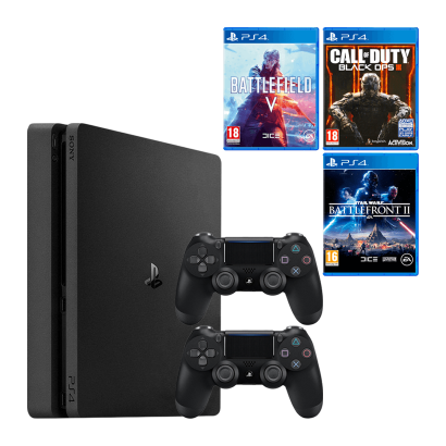 Набір Консоль Sony PlayStation 4 Slim 1TB Black Б/У + Геймпад Бездротовий DualShock 4 Version 2 + Гра Call of Duty: Ops III Російська Озвучка + Гра Battlefield V Російські Субтитри + Гра Star Wars: Battlefront II Російські Субтитри - Retromagaz