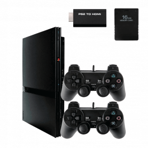 Набор Консоль Sony PlayStation 2 Slim SCPH-7xxx Chip Black Б/У  + Геймпад Проводной RMC Новый + Карта Памяти 16MB + Адаптер HDMI - Retromagaz