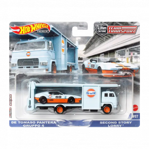 Машинка Premium Hot Wheels De Tomaso Pantera Gulf та Транспортер Second Story Lorry Team Transport 1:64 FLF56/HKF43 Blue 2шт - Retromagaz