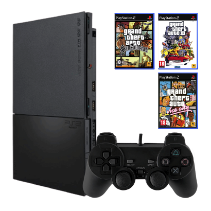 Набор Консоль Sony PlayStation 2 Slim SCPH-9xxx Europe Black Б/У  + Игра Grand Theft Auto: Vice City Английская Версия + Grand Theft Auto San Andreas + Grand Theft Auto III - Retromagaz