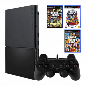 Набор Консоль Sony PlayStation 2 Slim SCPH-9xxx Europe Black Б/У  + Игра Grand Theft Auto: Vice City Английская Версия + Grand Theft Auto San Andreas + Grand Theft Auto III - Retromagaz