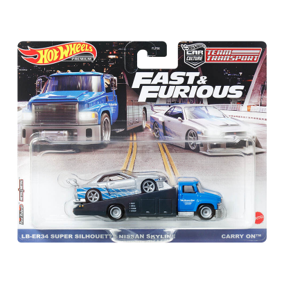 Машинка Premium Hot Wheels LB-ER34 Super Silhouette Nissan Skyline и Транспортер Carry On Fast & Furious Team Transport 1:64 HPX97 Silver 2шт - Retromagaz