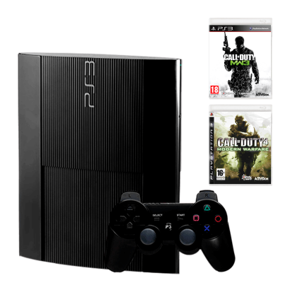 Набір Консоль Sony PlayStation 3 Super Slim 500GB Black Б/У + Гра Call of Duty Modern Warfare 3 Англійська Версія + Гра Call of Duty 4 Modern Warfare Англійська Версія - Retromagaz