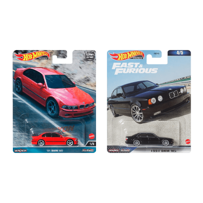 Набор Машинок Premium Hot Wheels 1991 BMW M5 E34 HKD28 Black + 2001 BMW M5 E39 HKC52 Red - Retromagaz