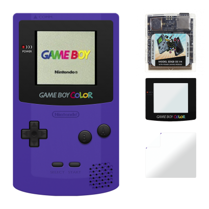 Набір Консоль Nintendo Game Boy Color Purple Б/У  + Флеш Картридж Everdrive EDGB OS V4 Англійська Версія Новий + Скло Консолі RMC Trans Clear + Захисна Плівка - Retromagaz