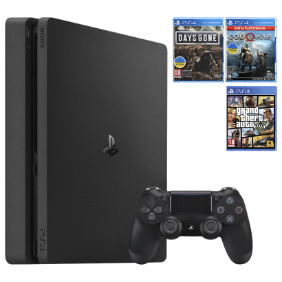 Набор Консоль Sony PlayStation 4 Slim 1TB Black Б/У  + Игра Grand Theft Auto V Русские Субтитры + Days Gone Русская Озвучка + God of War - Retromagaz