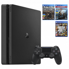 Набор Консоль Sony PlayStation 4 Slim 1TB Black Б/У  + Игра Grand Theft Auto V Русские Субтитры + Days Gone Русская Озвучка + God of War - Retromagaz