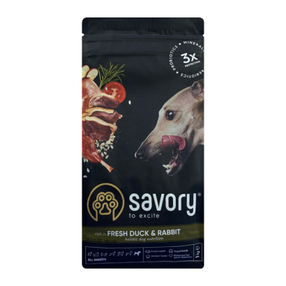 Сухий Корм для Собак Savory Adult All Breeds Кролик і Качка 1kg - Retromagaz