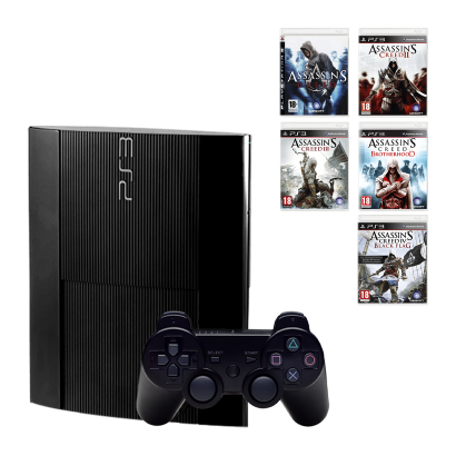 Набір Консоль PlayStation 3 Super Slim 500GB Black Б/У + Збірник Ігр Assassin's Creed (1+ 2 + 3 + 4 Black Flag + Brotherhood) - Retromagaz