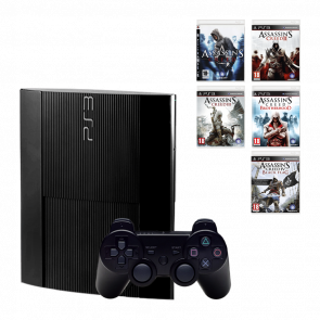 Набір Консоль PlayStation 3 Super Slim 500GB Black Б/У + Збірник Ігр Assassin's Creed (1+ 2 + 3 + 4 Black Flag + Brotherhood) - Retromagaz