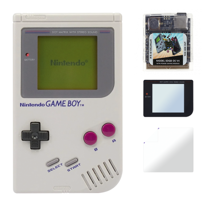 Набір Консоль Nintendo Game Boy Classic DMG-01 Grey Б/У  + Флеш Картридж Everdrive EDGB OS V4 Англійська Версія Новий + Скло Консолі RMC Trans Clear + Захисна Плівка - Retromagaz