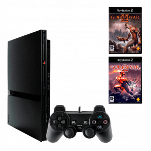 Набор Консоль Sony PlayStation 2 Slim SCPH-7xxx Chip Black Б/У + Игра RMC God of War Русские Субтитры Новый + God of War II