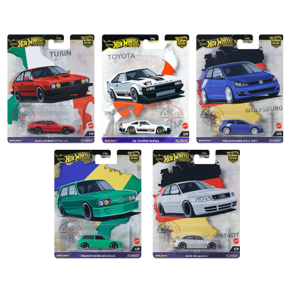 Набор Машинка Premium Hot Wheels Alfa Romeo GTV6 3.0 World Tour 1:64 HRV80 Red  + '82 Toyota Supra White + Volkswagen Golf Mk7 Blue + Brasilia Green + Audi S4 Quattro Silver - Retromagaz